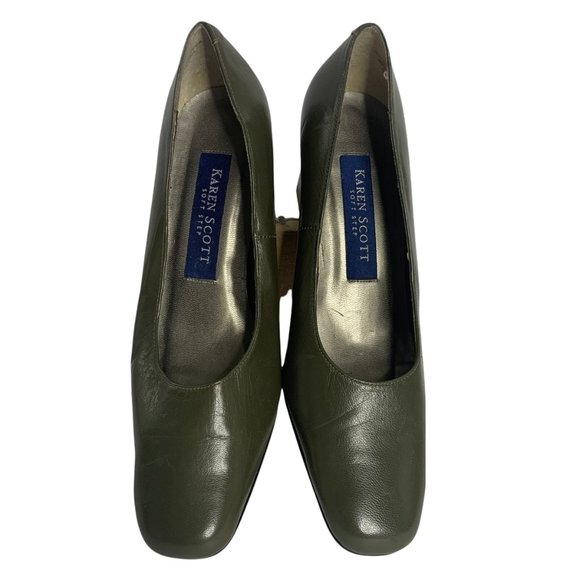 Karen Scott Soft Step Chunky Heels 7 Leather Green Square Toe 38PE - Picture 3 of 5